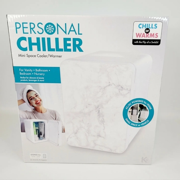 Mini Fridge Small Space Cooler Warmer 6 Can White Marble Finish Home Auto Beauty - Picture 4 of 12